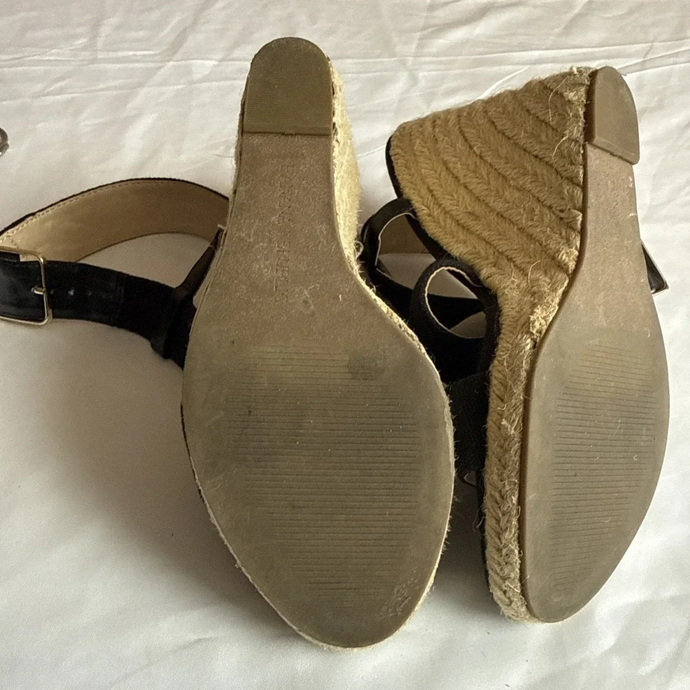 Banana Republic Black‎ Canvas Espadrille Wedge Heel Sandal Leather Trim Size 8